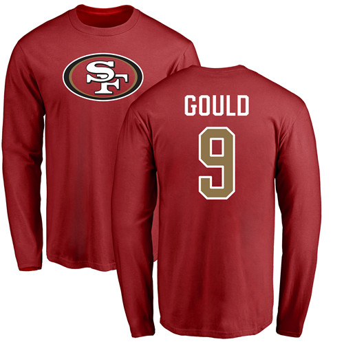 Men San Francisco 49ers Red Robbie Gould Name and Number Logo #9 Long Sleeve NFL T Shirt